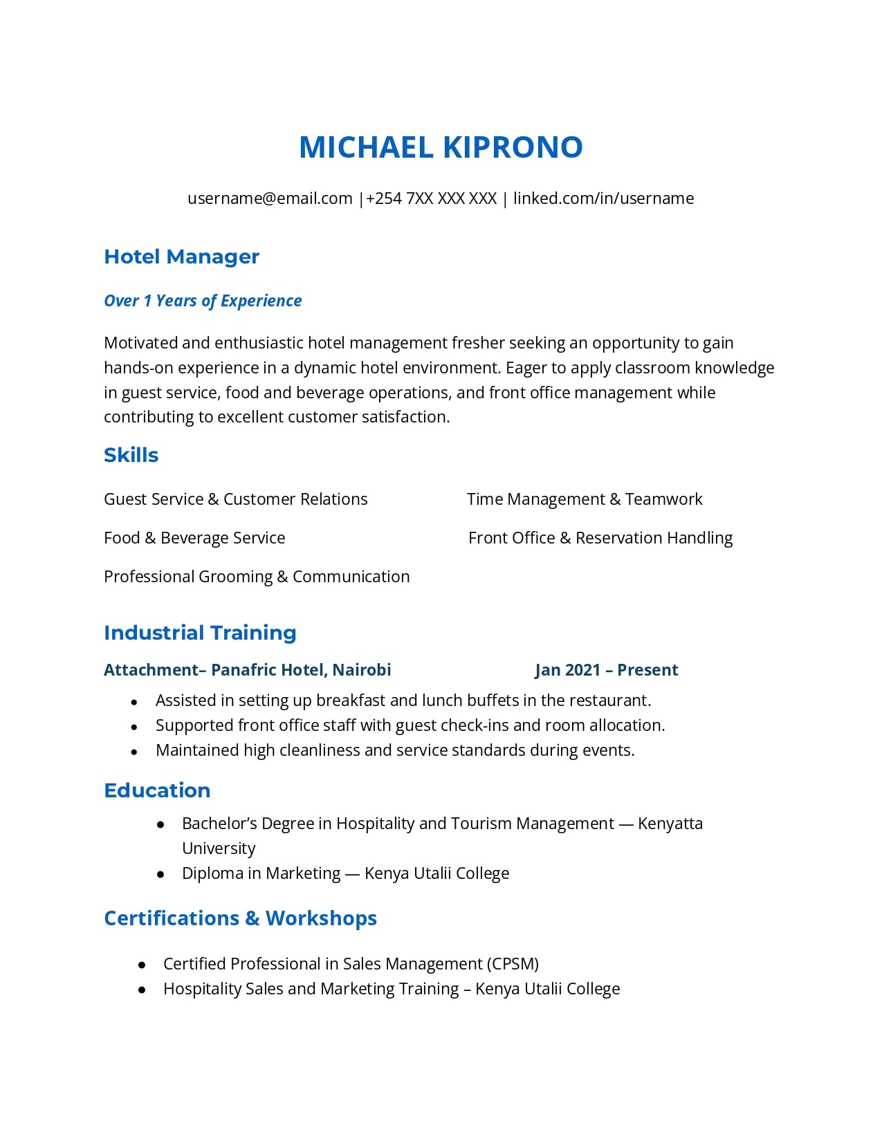 CV Format for Hotel Management Fresher