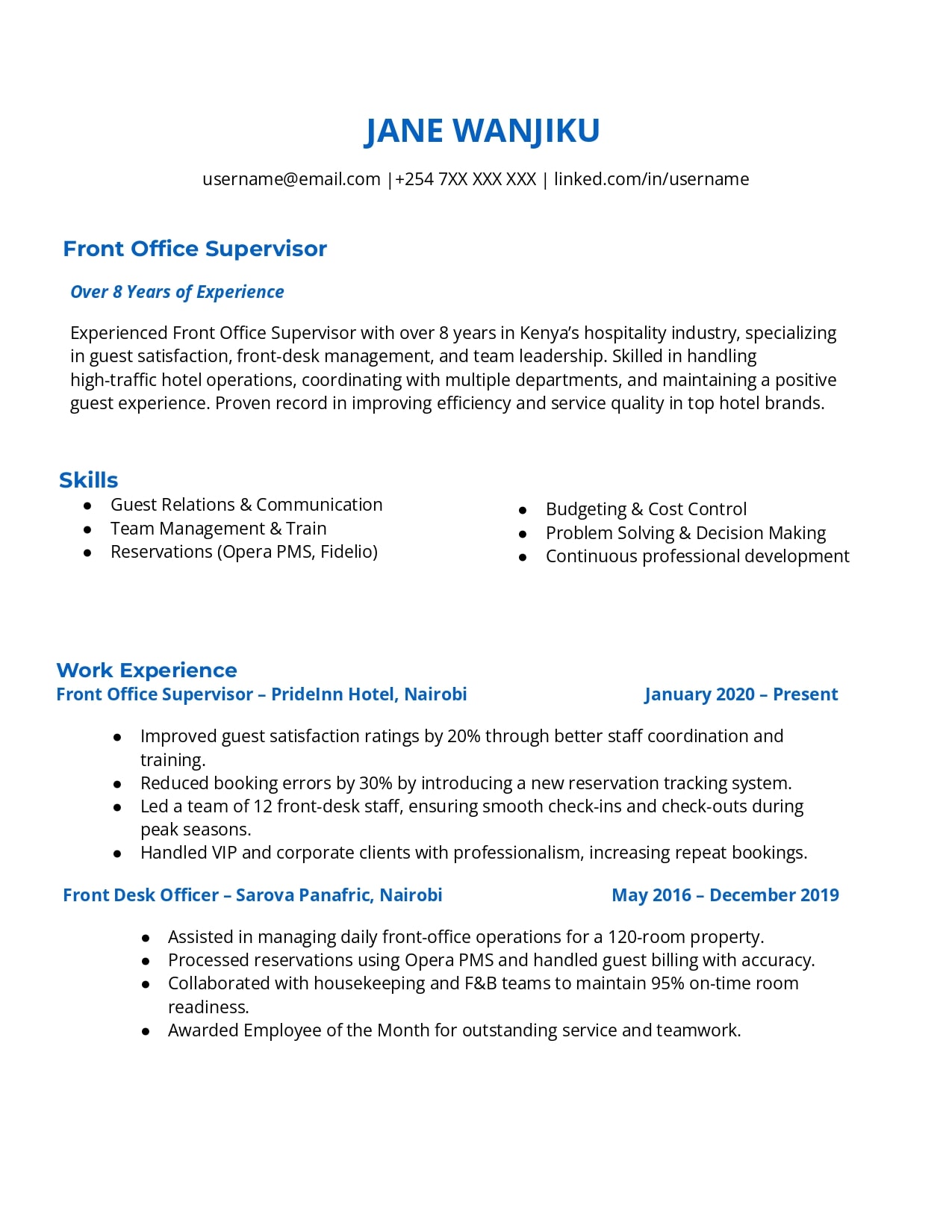 CV for Hotel Job with Experience Page One