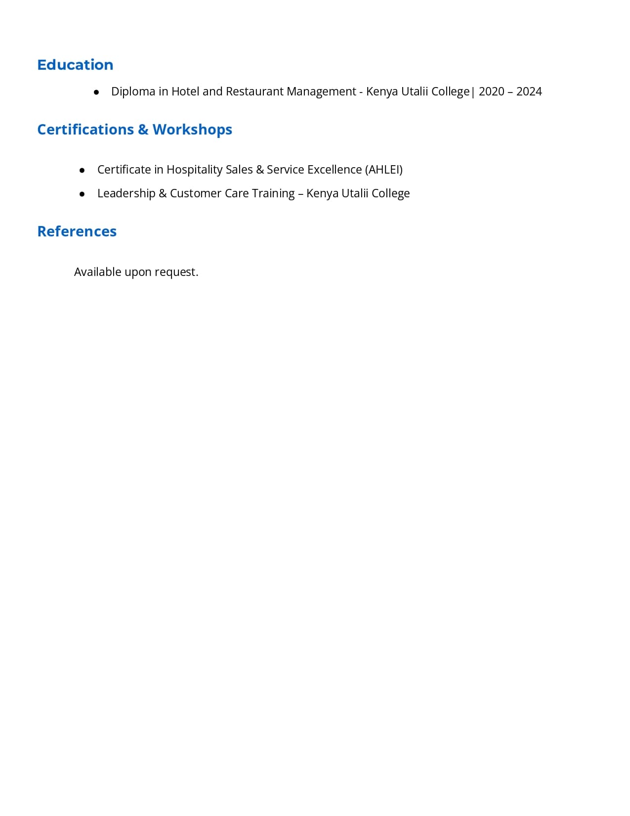 CV for Hotel Job with Experience Page Two