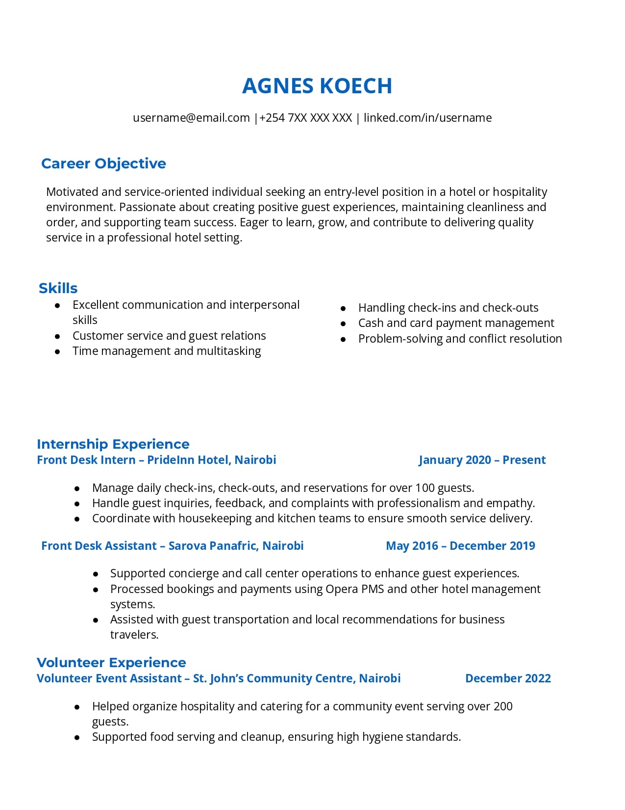 CV for Hotel Job with No Experience