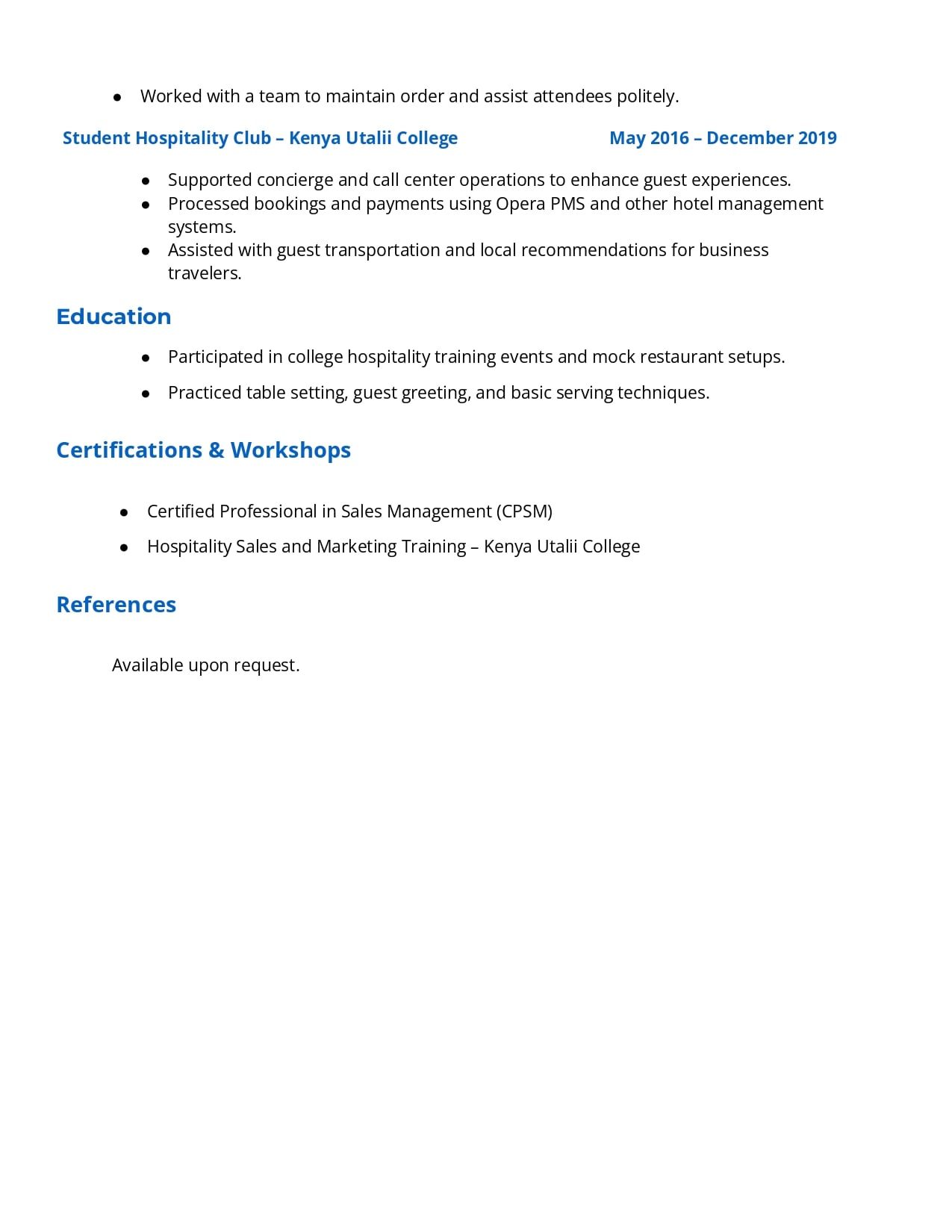 CV for Hotel Job with No Experience