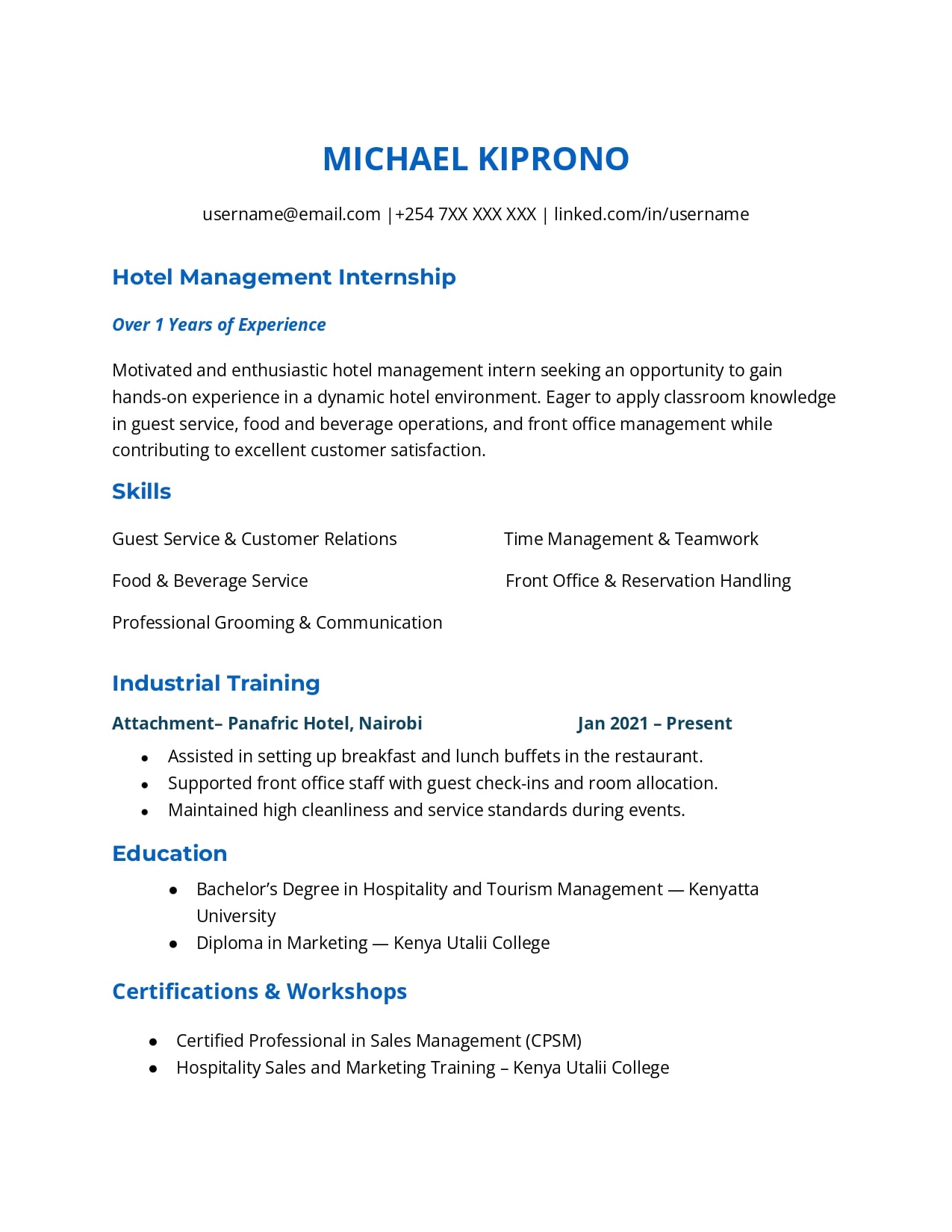 CV Format for Hotel Management Fresher