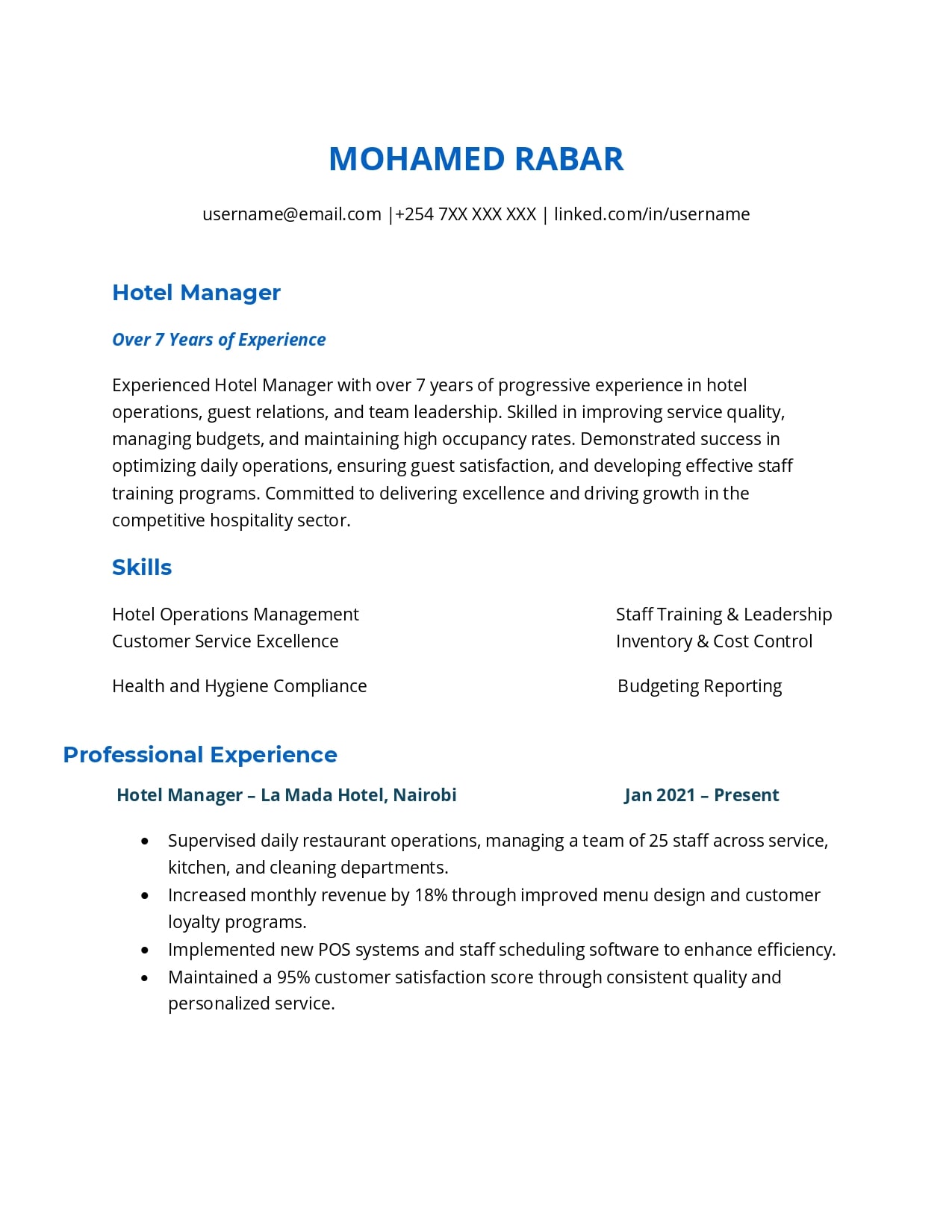 Best CV for Hotel Management Jobs