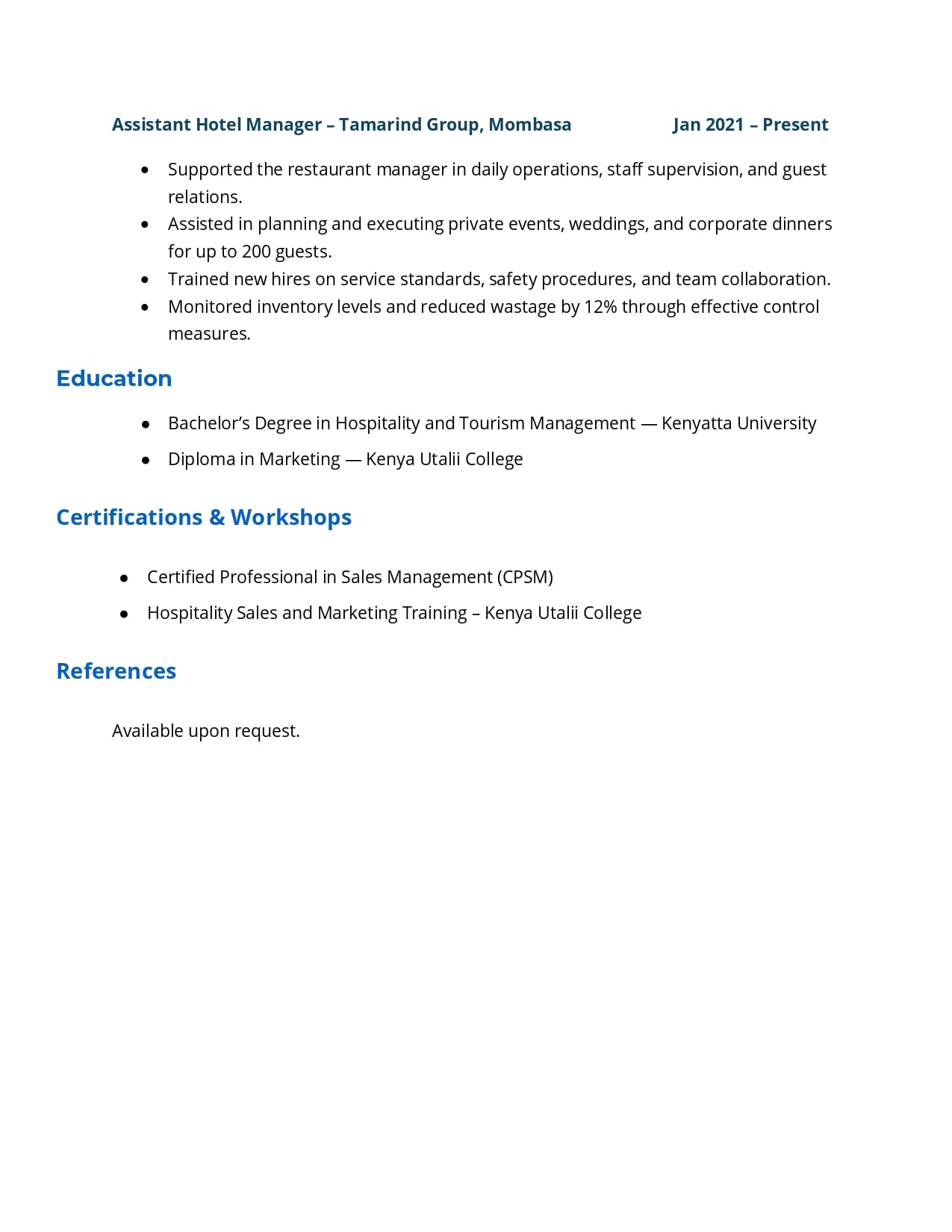 Best CV for Hotel Management Jobs