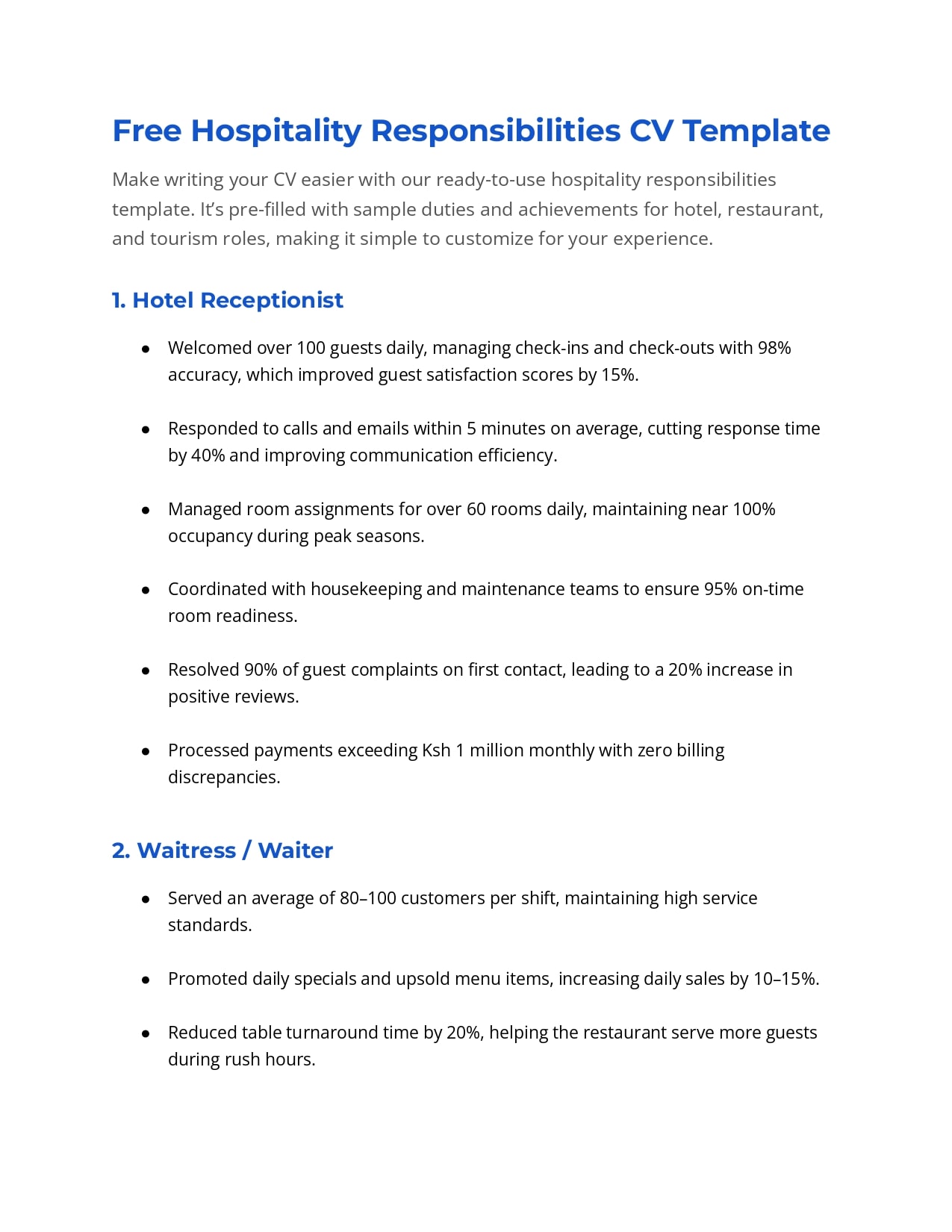 Hospitality Responsibilities CV