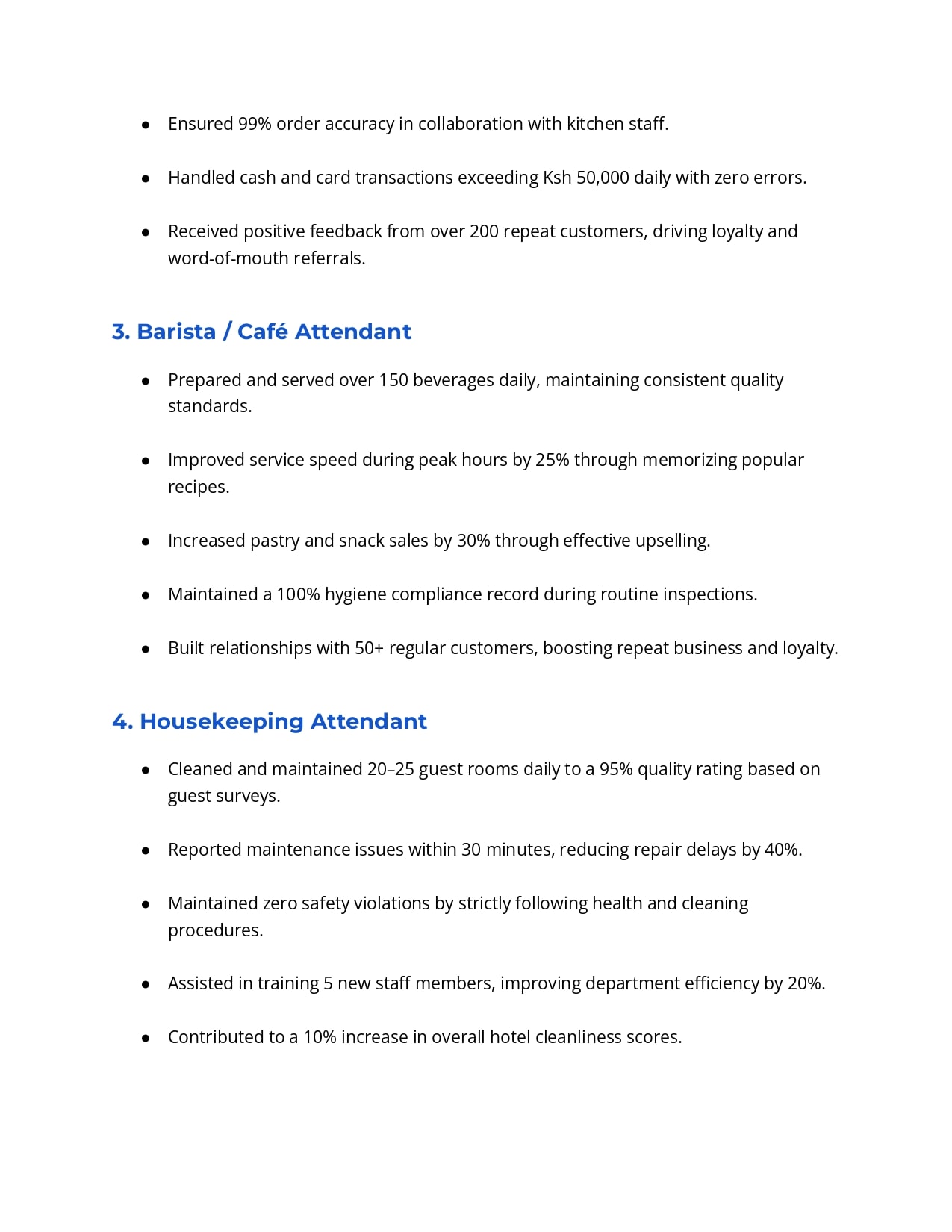 Hospitality Responsibilities CV