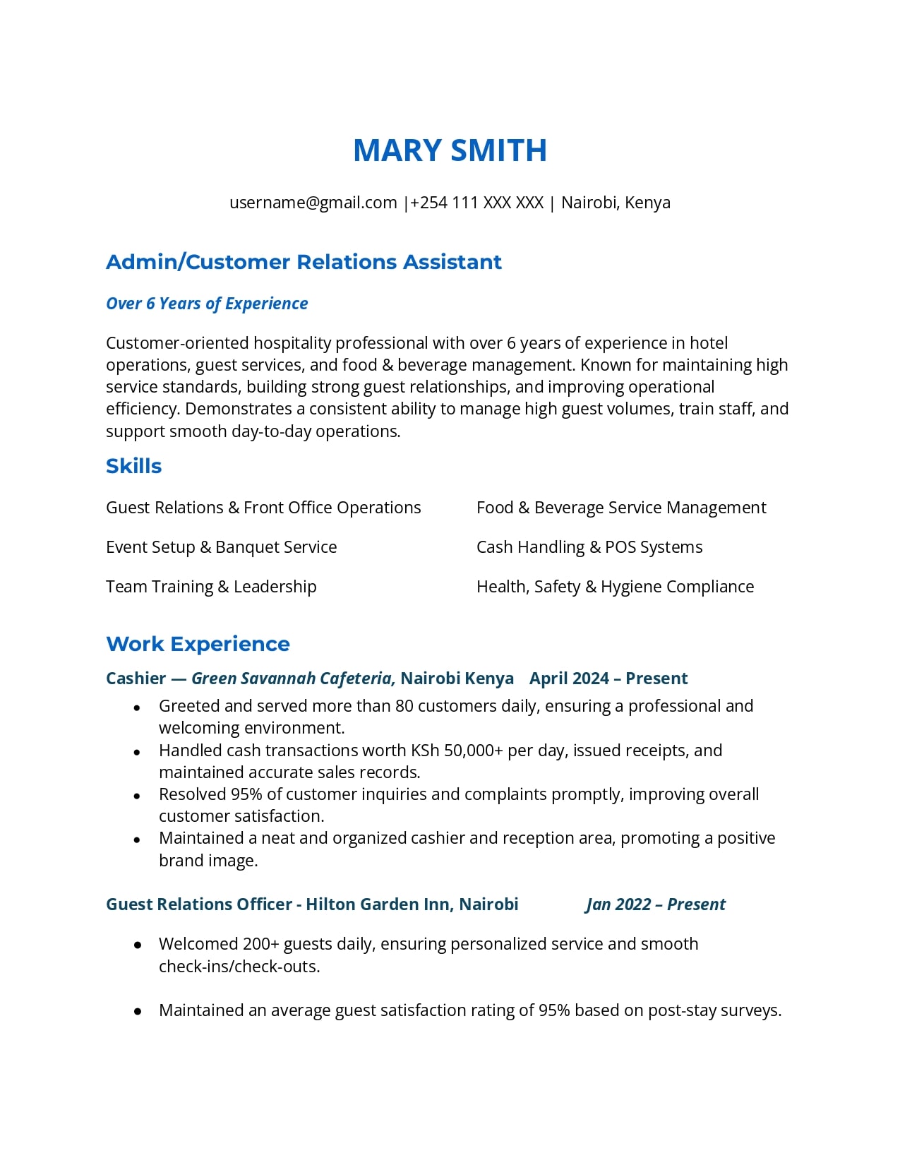 CV Format for Hospitality Industry