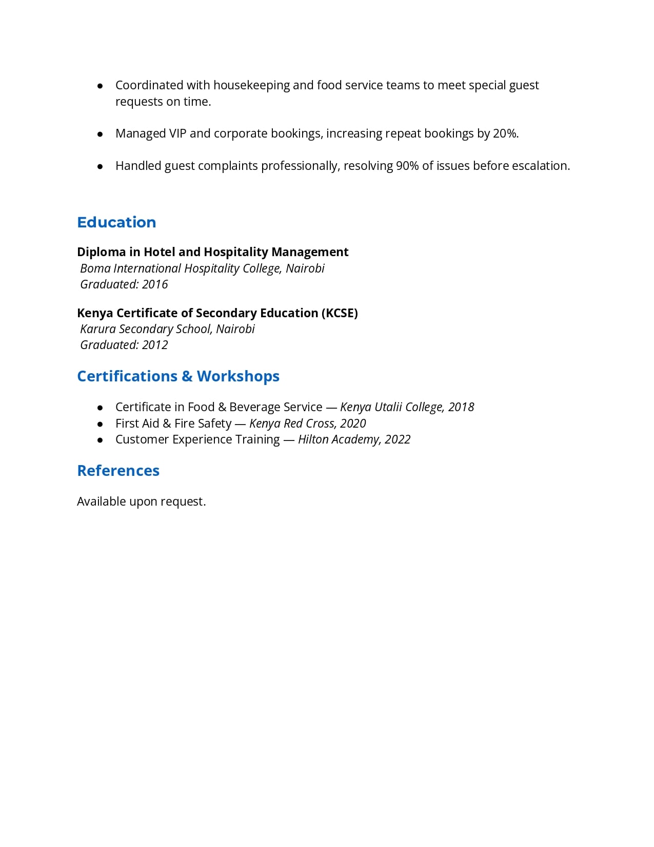 CV Format for Hospitality Industry