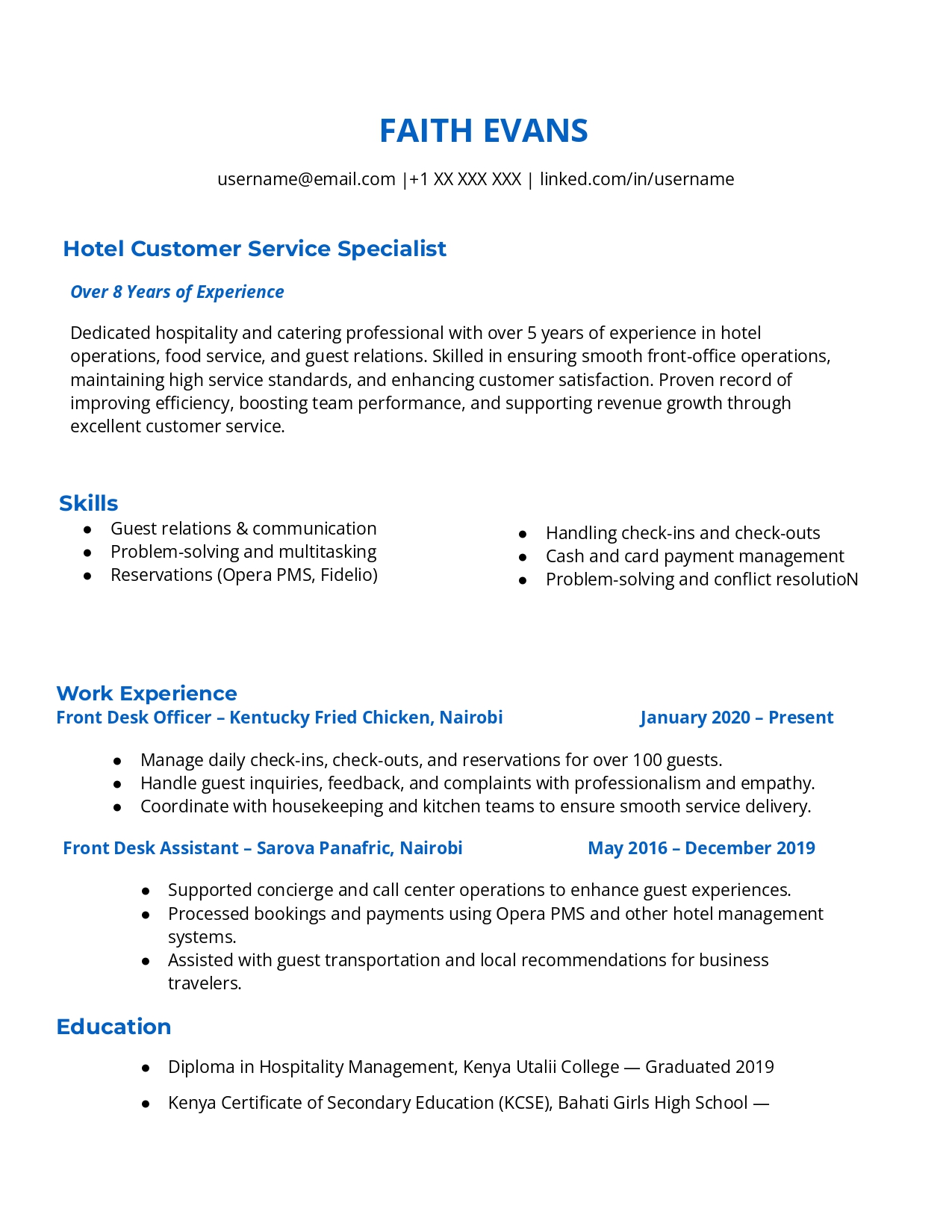 Hospitality and Catering CV Example