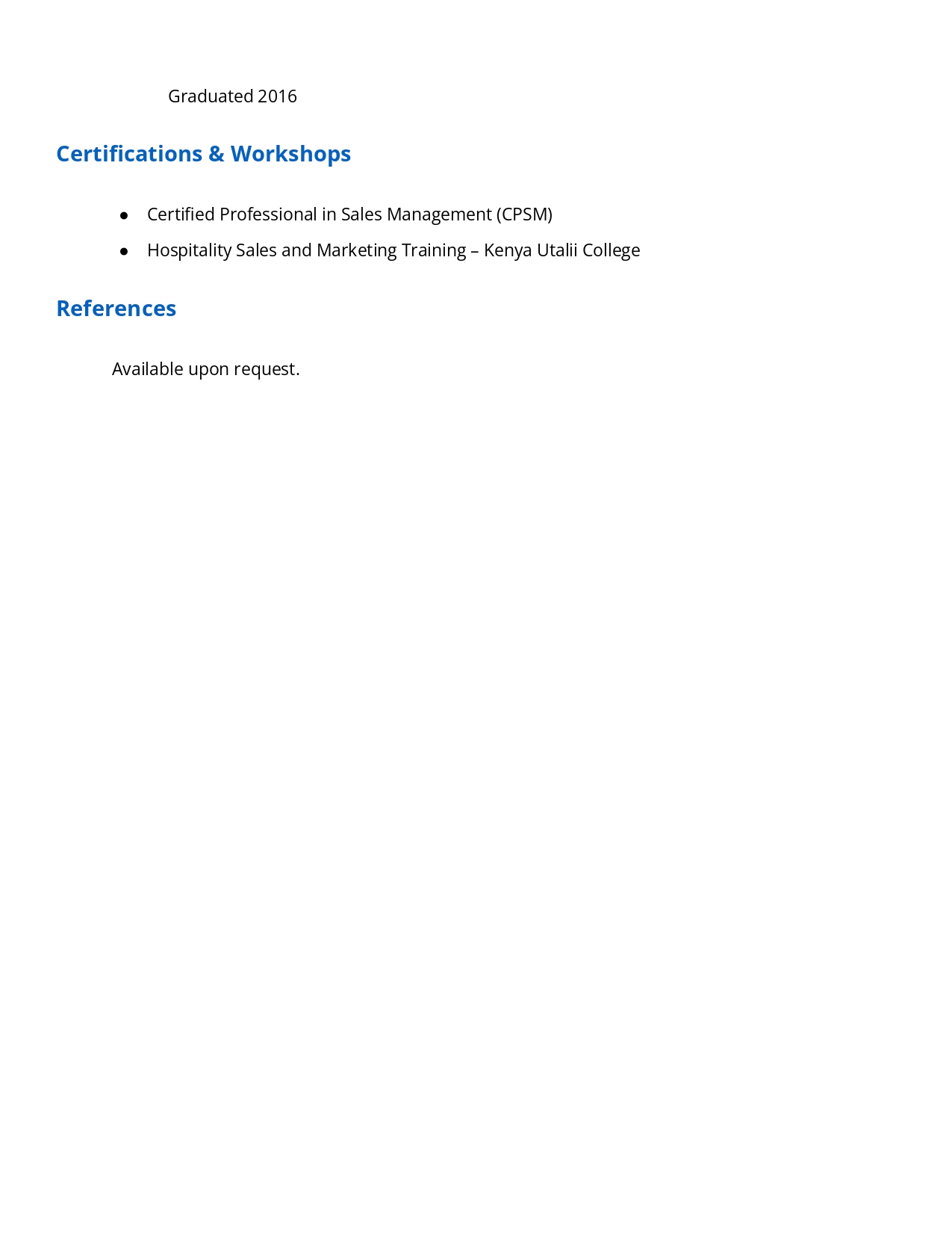 Hospitality and Catering CV Example