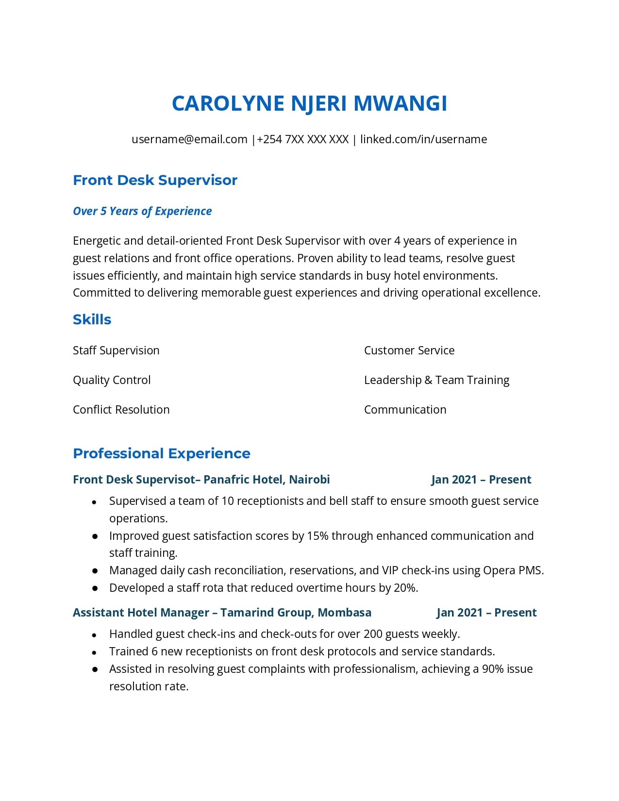 Hotel Front Desk Supervisor Resume Examples