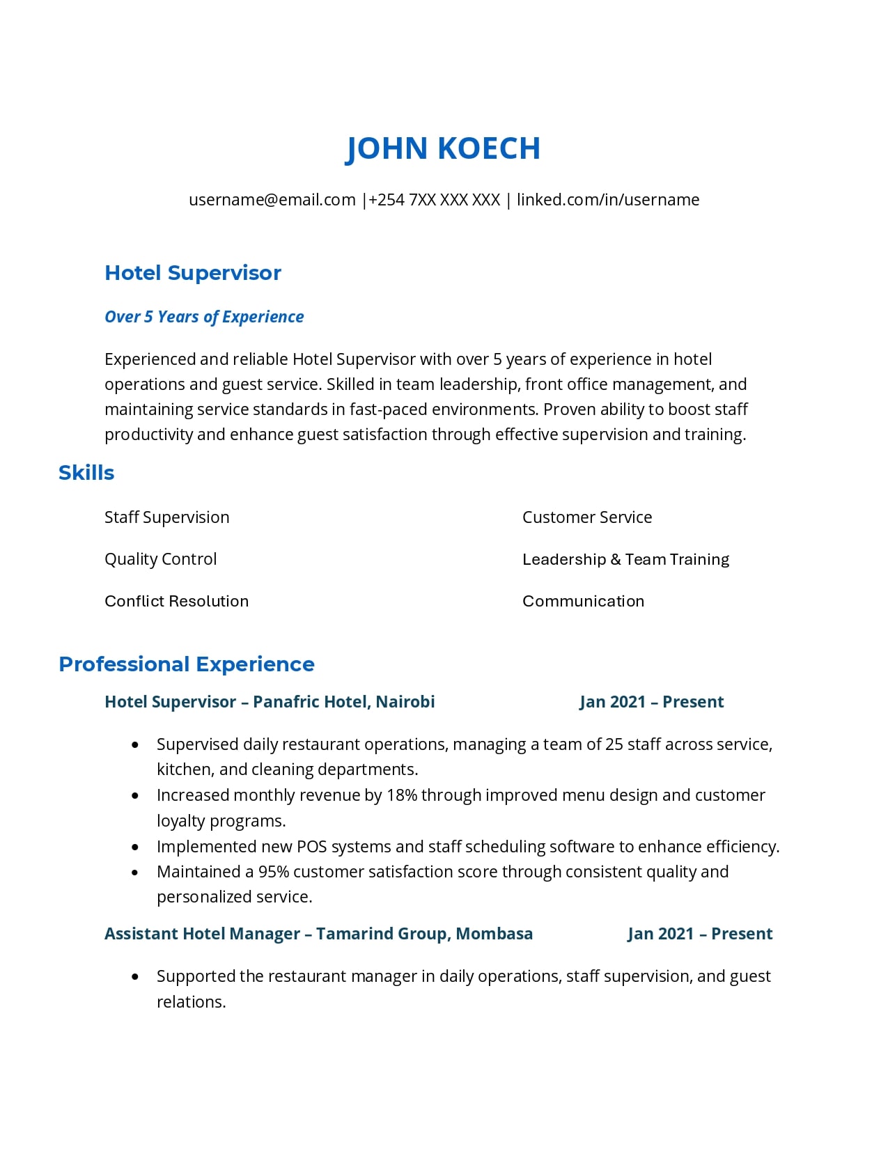 Hospitality Supervisor CV
