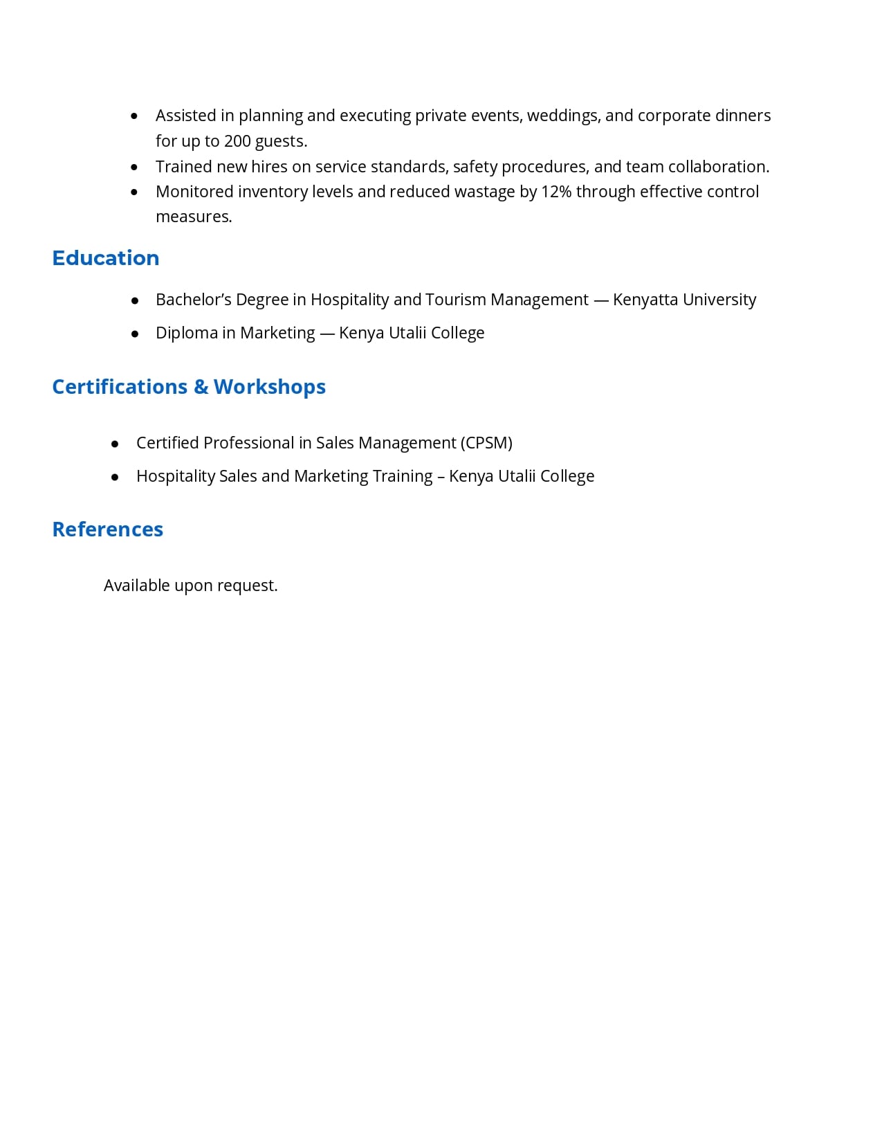 Hospitality Supervisor CV