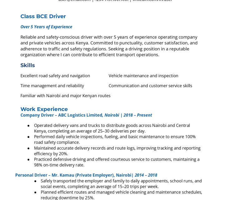 Driver CV Sample In Kenya – PDF + Word Templates