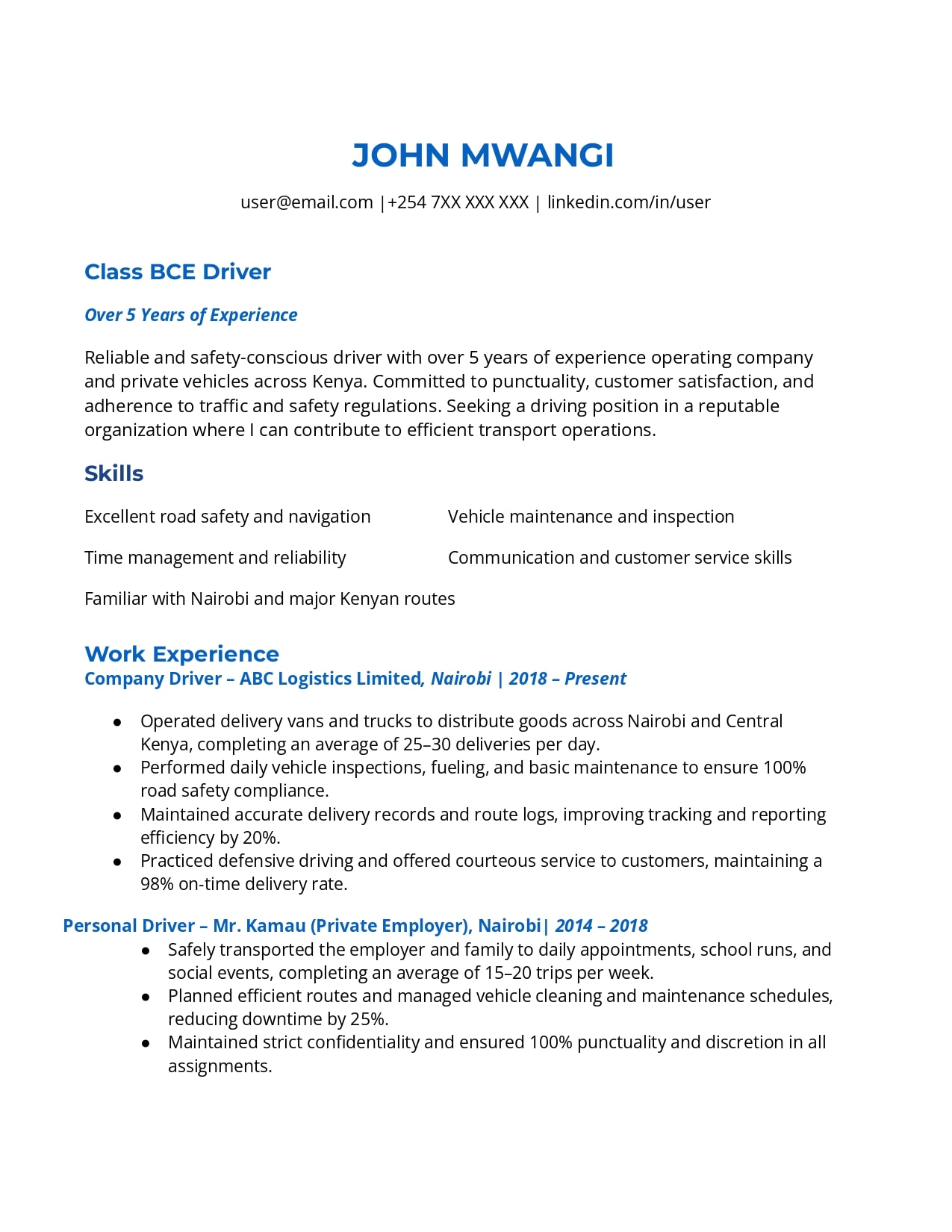Driver CV Sample In Kenya – PDF + Word Templates