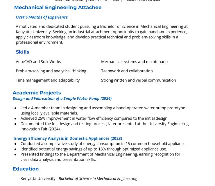 Sample CV for Industrial Attachment in Kenya – PDF + Word Template