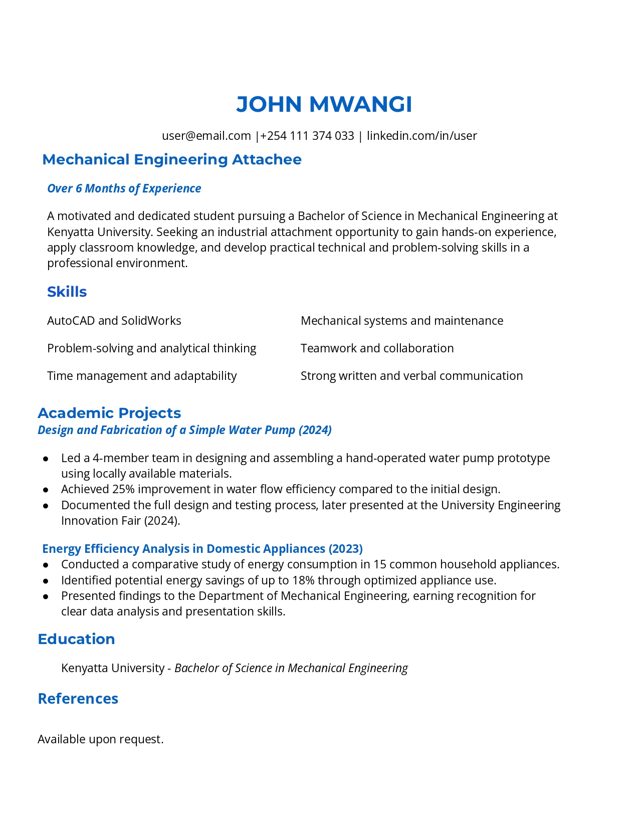 Sample CV for Industrial Attachment in Kenya – PDF + Word Template
